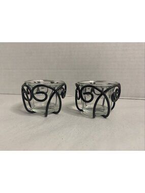 Set of 2 Glass Tealight Holders Black Metal Scroll Votive Candle Decor
